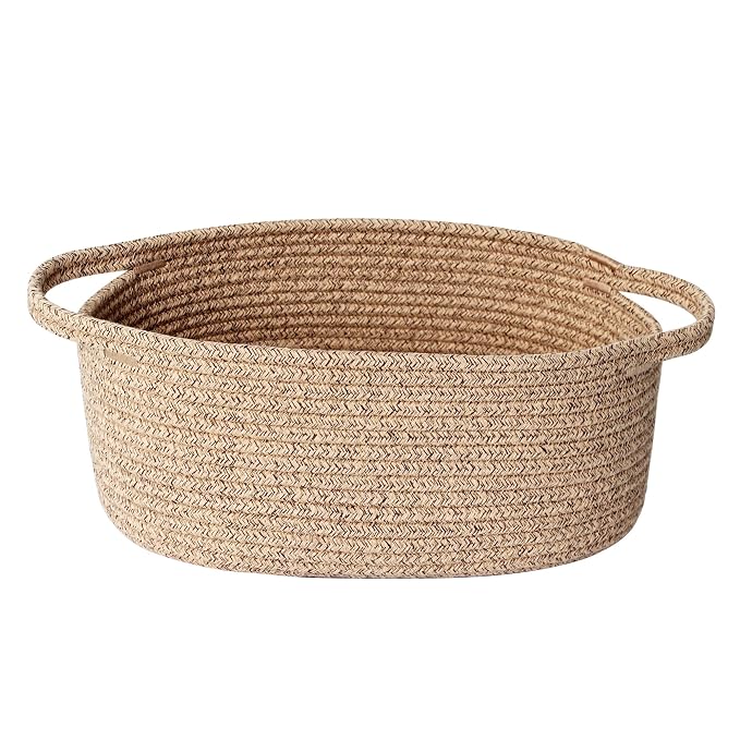 Small Brown Woven Basket, 13"x 9"x 5" Gift Basket Empty, Cotton Rope Kid Dog Cat Toy Bin Box, Cute Oval Baby Nursery Easter Organizer, Decorative Wicker Look Storage, Brown Living Room Decor