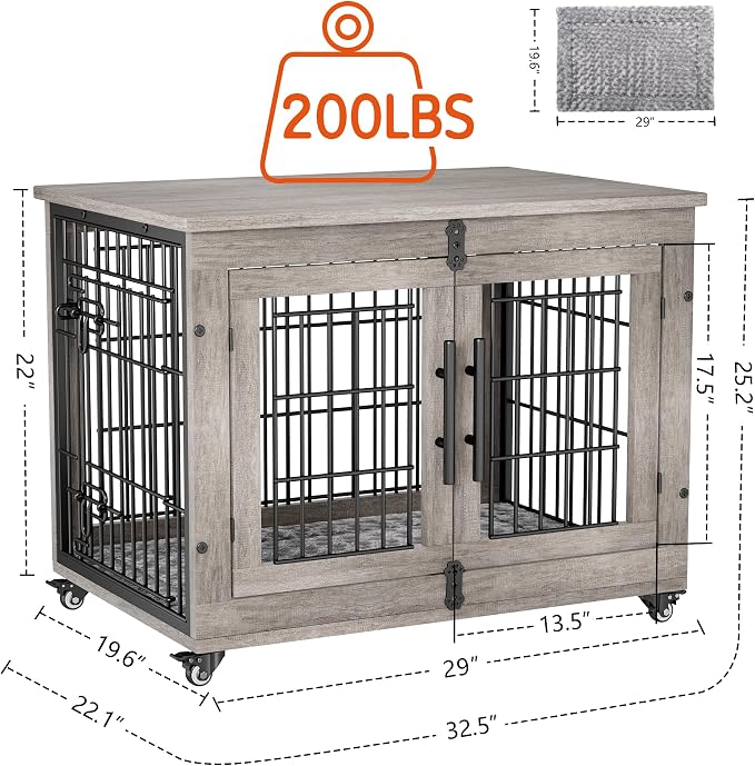 2 Pack Dog Crate Furniture,32'' Heavy Duty Kennel with Cushion & Wheels | Grey, Double Doors, Wooden Dog Cage, Chew-Resistant, End Table, Decorative, 27"/32"/38"/44" Options, Indoor