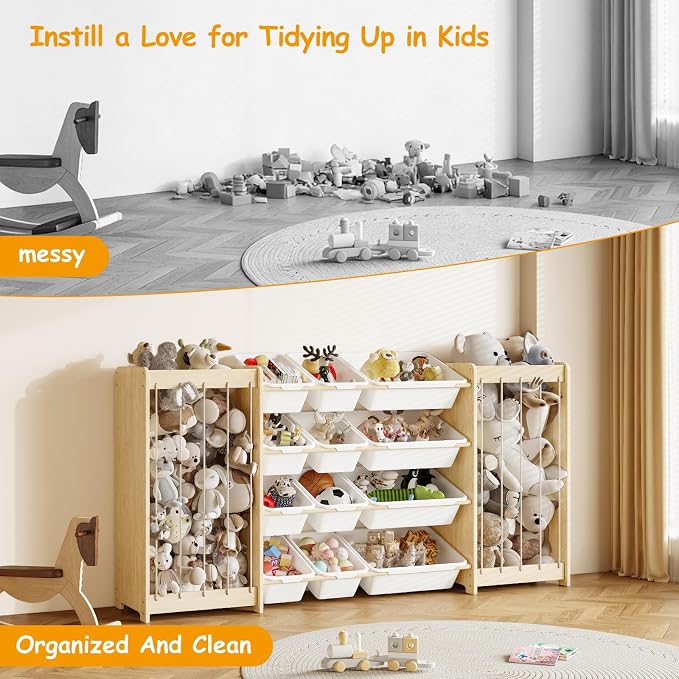 EXPERLAM Large Toy Storage Organizer, Wooden Stuffed Animal Storage & 12-Bins Toy Organizer, Double-Sided Plush Toy Holder Featuring Thicker Ropes, Space Save Playroom Nursery Bedroom Storage, White