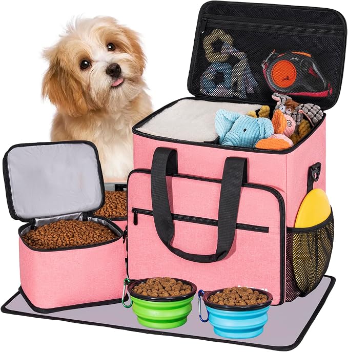 Dog Travel Bag, Large Pet Travel Set with Multi-Function Pockets | 2 Food Storage Containers, 2 Collapsible Bowls, 1 Feeding Mat for Pet Supplies, Road Trip Essentials, Weekend Camping, Pink