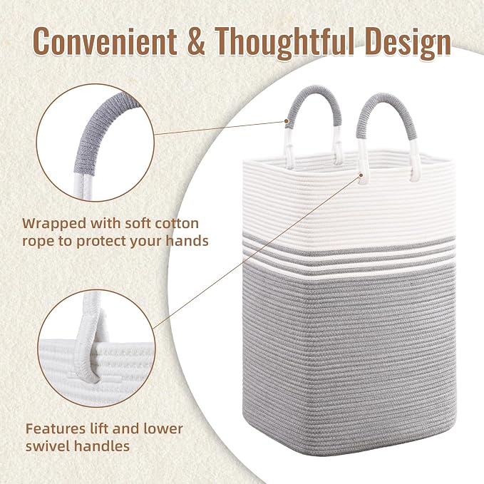Laundry Basket Hamper,Blanket Storage,Dirty Clothes Hamper with Swivel Handles,Woven Cotton Rope Toy Baskets,Blanket Basket Living Room,Decorative Hampers for Nursery,Bedroom,White & Gray,80L