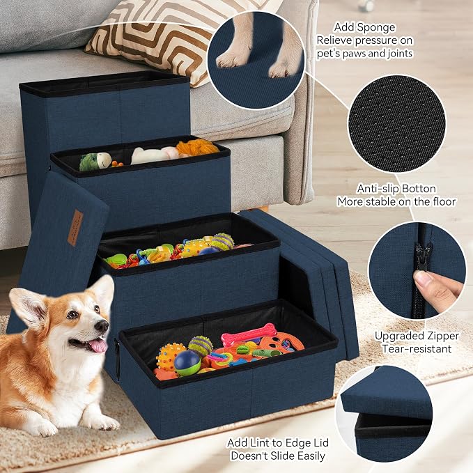 Zerbuger Dog Stairs with Storage, Navy Blue 4 Steps Dog Ramp no Condo | 23" H Wider Dog Steps for High Beds Couch, Folding Storage Pet Stairs Gift for Climbing Small/Medium/Large Old Dogs Cats