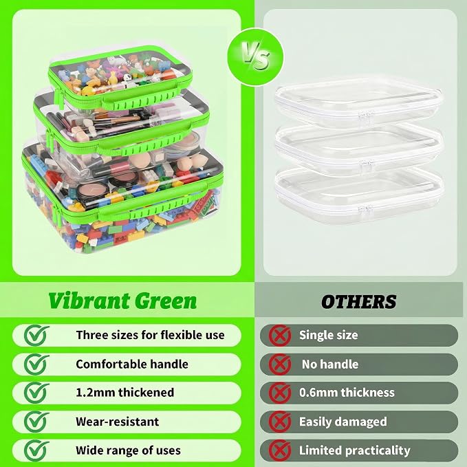 3 Pack Deep Clear Hard Shell Zipper Cases with Handle (Green) | Travel Toiletry Bag, Waterproof 1.2mm PET Hard Plastic Pouches, Organizer Box for Makeup, Toy, Snack, Stationery, Diaper
