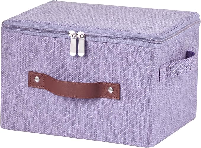 Storage Bins with Zipper Lids Decorative Lidded Baskets Boxes | Clothes Container, Closet Shelf Organizer, Foldable Washable, Cotton Linen Fabric, w/ PU Leather Handles, Purple, Small