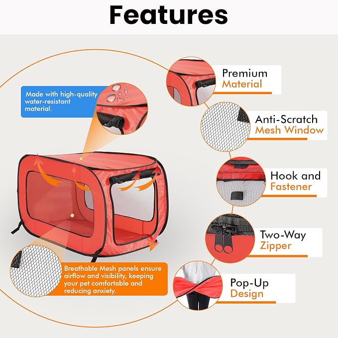 Portable Collapsible Pop Up Kennel, 32.5" L x 19.5" W x 19.5" H, Red | Collapsible indoor/outdoor travel cat and dog crate with mesh screen windows pops up and folds flat for easy storage