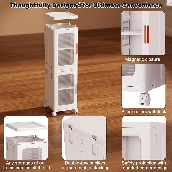 3-Tier Tall Narrow Plastic Storage Cabinet of 2, Foldable | Rolling Organizer with Lid,Doors,Stackable, Adjustable Shelves, Durable PP,Freestanding Bathroom Cabinet for Small Slim Space
