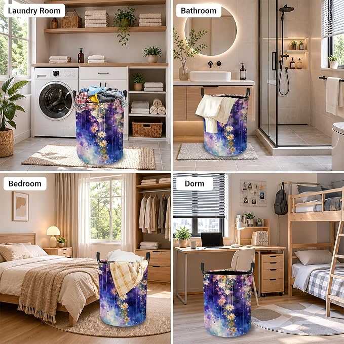 Laundry Hamper, Colorful Flowers Collapsible Blue White Laundry Baskets Waterproof Oxford Cloth With Handles, Clothes Storage Bucket For Bathroom/Bedroom 16" x 20.8"
