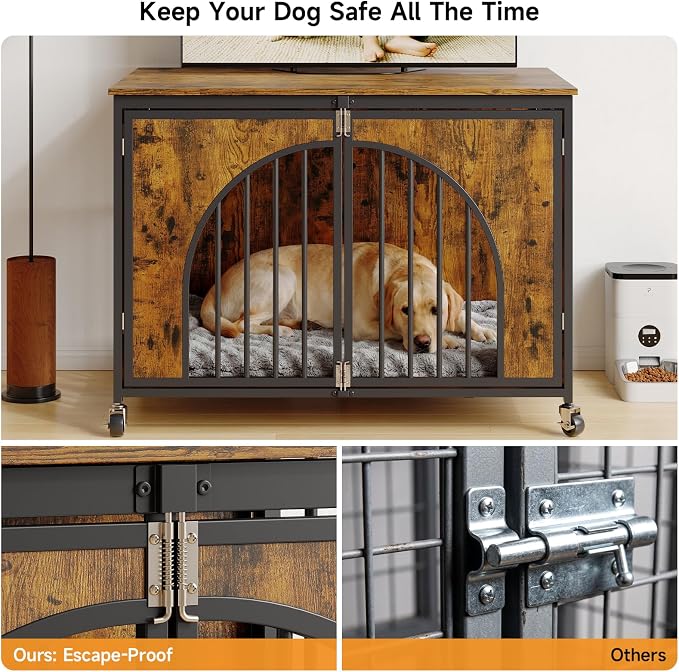 ONBRILL 43" Heavy Duty Foldable Dog Crate Furniture, Large Dogs, Brown | Fold it away when needed, while easy-glide wheels and spring locks add convenience to everyday use