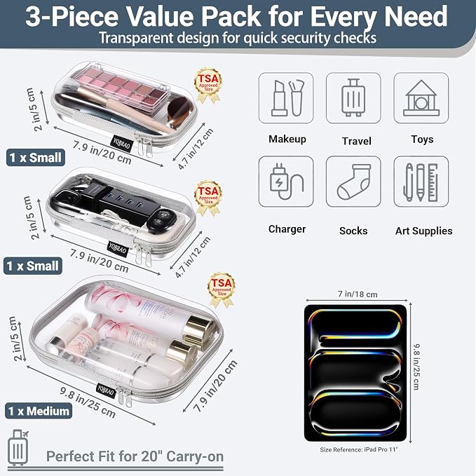 YQBRAO Clear Hard Shell Organizer Cases, 3-Pack, Gray | Rigid 1.2 mm PET organizers with multi-size design for travel storage, home use, and everyday essentials
