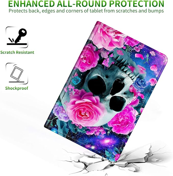 for Samsung Galaxy Tab A9 8.7 Inch 2023 (SM-X110/X115/X117) Case | Slim Leather Smart Cover with Multi-Angle Anti-Slip Stand [Auto Wake/Sleep] Shell for Women Men - Rose Pink Skull