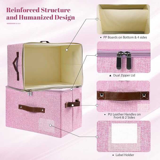 ANMINY Small Storage Box Fabric Bins with Zipper Lid, 10"x8"x7" Pink 3PCS | Keepsake Box, Decorative, Cotton Linen, Reinforced PP Board Frame, Washable, Stackable & Foldable, Label Holder & PU Handles