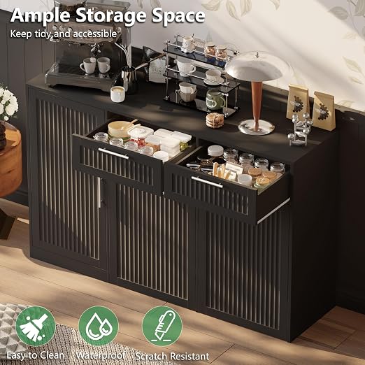Double 13 Gallon Pull Out Trash Can Cabinet with Storage Cabinet,Black | Pet Proof Hidden Garbage Can Cabinet,3-Tier Shelves,Fluted Design,Extra Drawer Space,Kitchen & Dining Room Organization