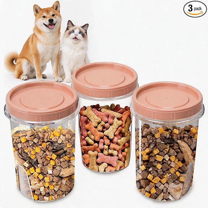 3 Pack Dog Treat Container, Airtight Reusable Cat Pet Treat Holder with Lid | Cute Cat Treat Cookie Container Set, Small Plastic Pet Dog Cat Food Storage Container, Pink