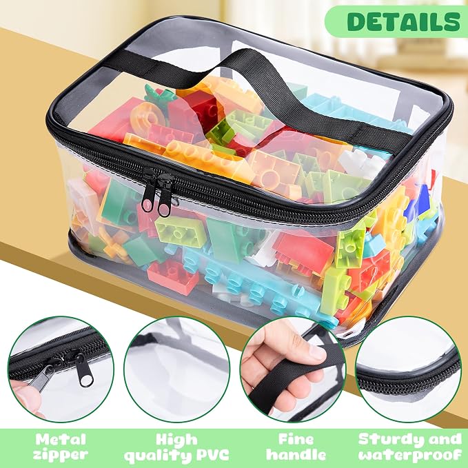 4 Packs Clear Toy Storage Bag, Waterproof PVC Toy Organized Bag with Zipper | 9"x 7"x 4" Transparent Toy Storage Organizer Pouch for Building Blocks Small Toys (Black)