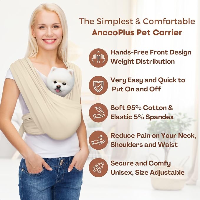 AnccoPlus Small Dog Sling Carrier, Hands-Free, Beige, Regular | Patented Front Carrier Reduces Back and Neck Strain; Adjustable, Soft Cotton, 3D Air Mesh for Puppies & Cats up to 20 lb