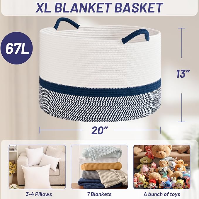 67L Large Blanket Basket, 20"x13" Blanket Basket Living Room, Woven Baskets With Handle, Toy Baskets for Blankets, Nursery, Dog, Pillow, Gift (White & Navy Blue)