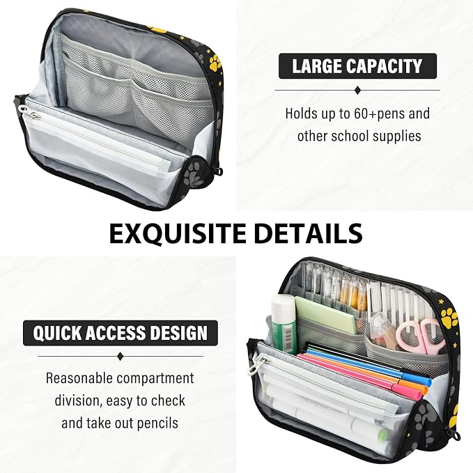 Aslsiy Large Capacity Pencil Case Yellow Grey Pet Paws Stars (1) Pencil Pouch for Boys Girls Portable Pen Bag Organizer Standing Makeup Bag for School Office Supplies
