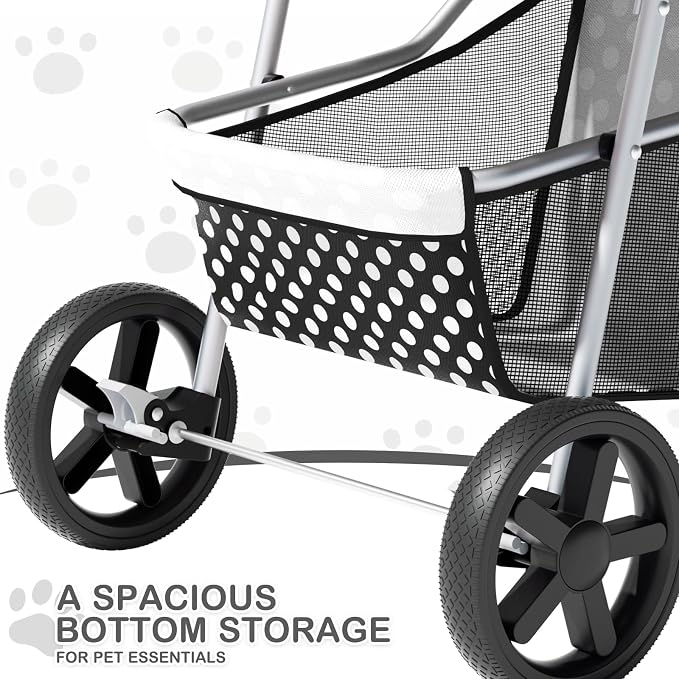 MoNiBloom Pet Stroller for Small/Medium Dogs and Cats, Black Polka Dots | Foldable Dog Stroller 3 Wheels Pet Strolling Cart w/ Storage Basket Cup Holder, Breathable and Visible Mesh for All-Season