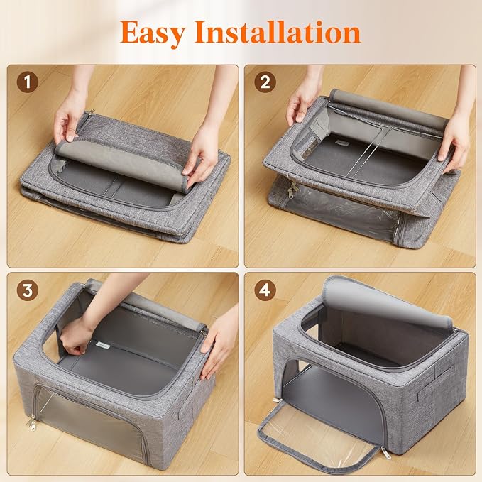 Lifewit Clothes Storage Bins with Metal Frame, Stackable Storage Box, Foldable Clothing Storage Bins with Lids, 25L Storage Bags Fabric Box Organizer with Clear Window＆ Zippers＆ Sturdy Handles 4 Pack