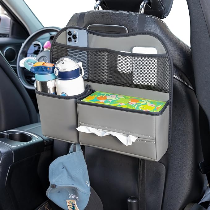 Multifunctional Car Seat Back Organizer with Large Tissue Box Holder, Large Water Bottle Storage, Phone Pouch for Road Trips (Gray)