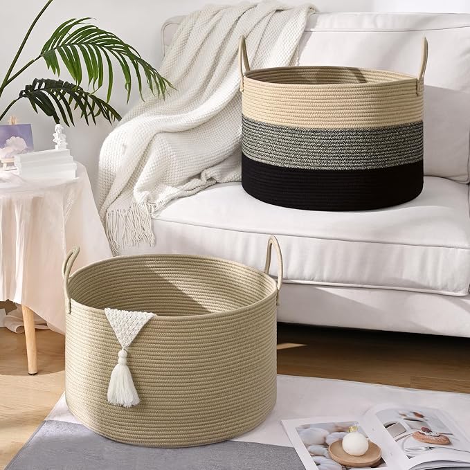 67L Large Woven Blanket Basket, Cotton Rope Baby Laundry Hamper with Handles, Kids Toy Basket for Classroom & Nursery, Soft Round Stuffed Animal Storage, Dog Toy Bin - 20"x13", Brown