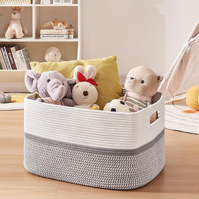 OIAHOMY Blanket Basket Laundry Basket Dog Toy Basket 75L Grey/White | Large Storage Basket,Baby Basket,Toy Storage,Woven Rope Basket for Blankets,Blanket Storage for Living Room