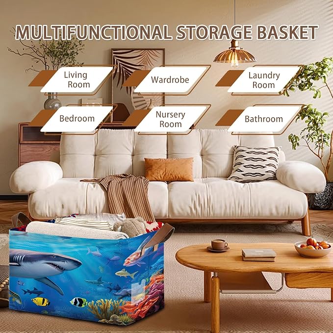 Shark Pattern Storage Basket Large 17x11.5x10.5 Inches -Collapsible Fabric Organizer Bin with Handles for Kids Room, Underwater Theme, Boys Room-Decorative Hamper with Marine Life Graphics-Single Pack