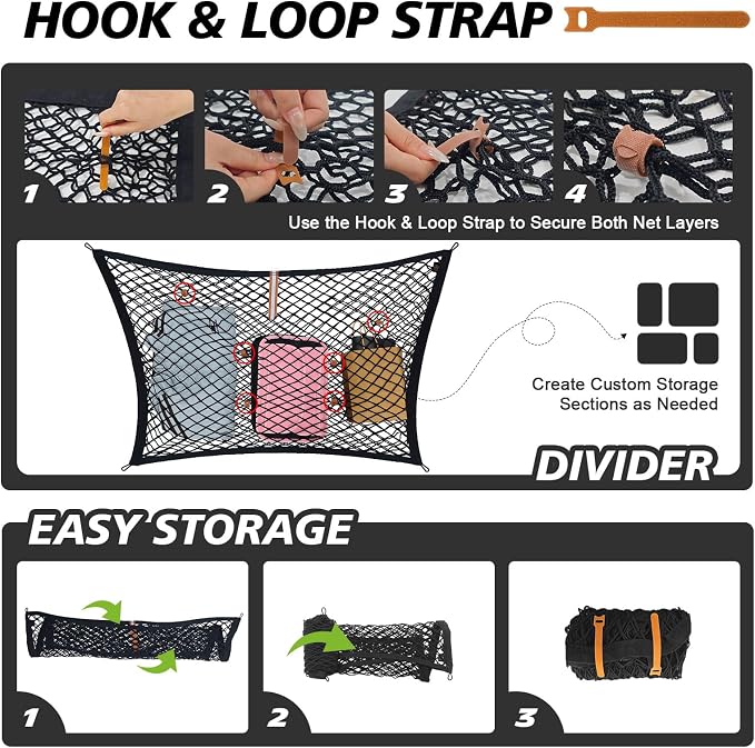 Muslogy Cargo Net for 2021-2025 2026 Toyota Sienna Accessories | Custom Fit, Trunk Storage Organizer Net for SUV Sedan Van Divider, with Heavy Duty Carabiners, Night Visible Grab Handle