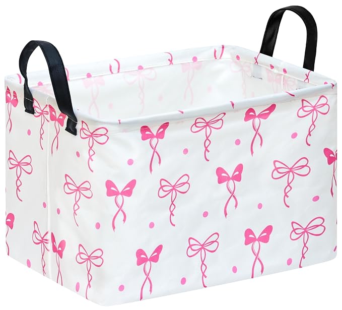 Pink Bow Storage Basket for Girls Room, Foldable Toy Organizer Bin | Pink Bow Design with Cotton Linen Fabric, Waterproof Lining, Leather Handles and Foldable Style for Girls Room Storage