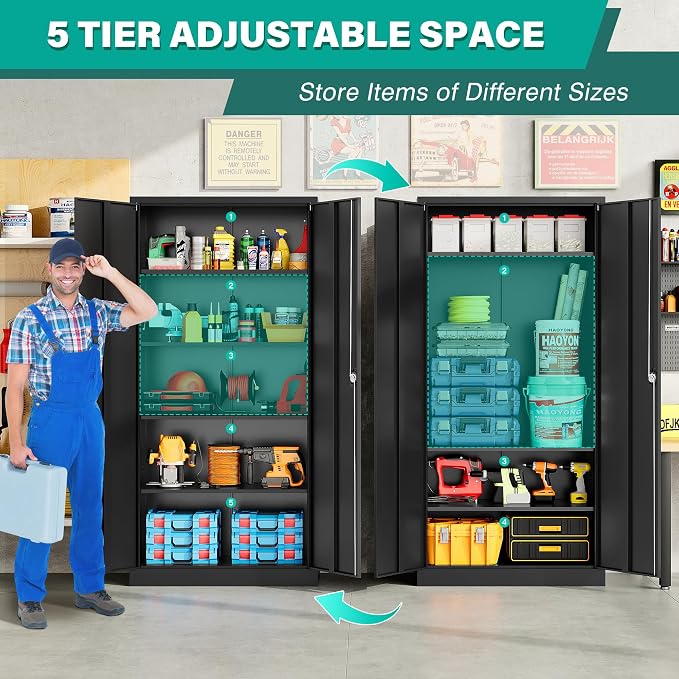 Wide & Deep Metal Storage Cabinet with Lock & 5 Shelves,72" Black Garage Storage Cabinet with Locking Doors,Lockable Cabinets for Home,Office,Garage,Shop,Basement 72x36x18
