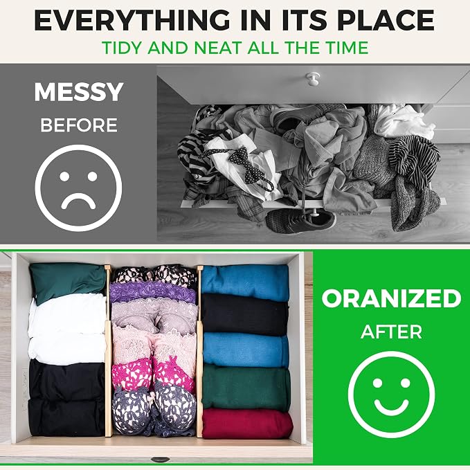 4 Pack Bamboo Drawer Dividers Organizer with Inserts 2.6'' High | Expandable from 12.5-21.7", Adjustable Drawer Organizer Separators for Utensils, Clothing, Office, Dresser, Bedroom, (Beige)