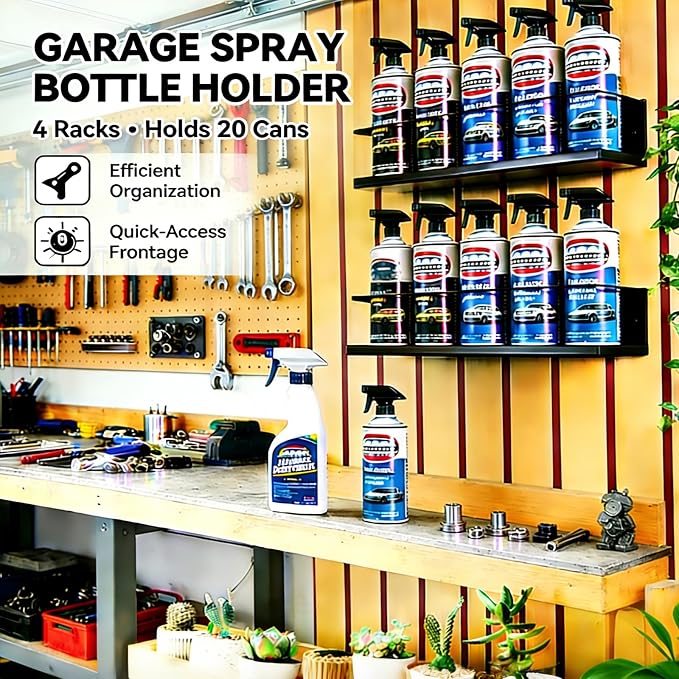 4 Pack Wall-Mounted Spray Bottle Holder, Heavy-Duty Steel Black Aerosol Can Storage Rack with 20 Holes, Spray Paint Can Organizer for Garage, Shop, Home, Tool Trailer & Service Truck