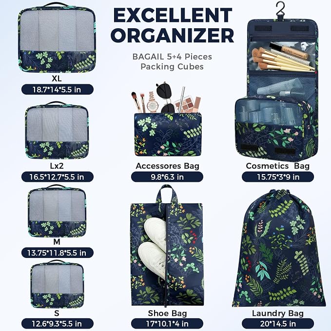 BAGAIL 9 Set Packing Cubes with Packing List Luggage Packing Organizers for Travel Accessories (Navy leaf)