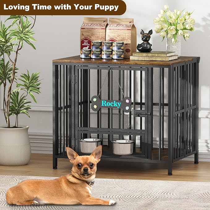Easycom 27" Foldable Dog Crate Furniture, No Assembly, Rustic Brown | Decorative Wooden Dog Kennel Indoor With Adjustable Bowls and Name Tag, Small Dogs (Under 20 lb), End Table