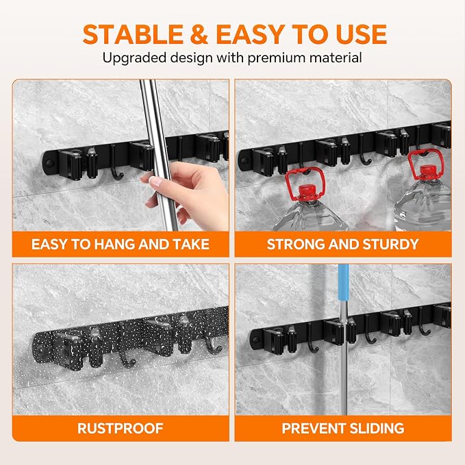 5 Grippers Broom Holder Wall Mount with 4 Hooks Stainless Steel, Black | Self Adhesive or Screw Mop and Broom Organizer, Heavy Duty Storage Rack for Garage Kitchen Laundry Room Closet Garden