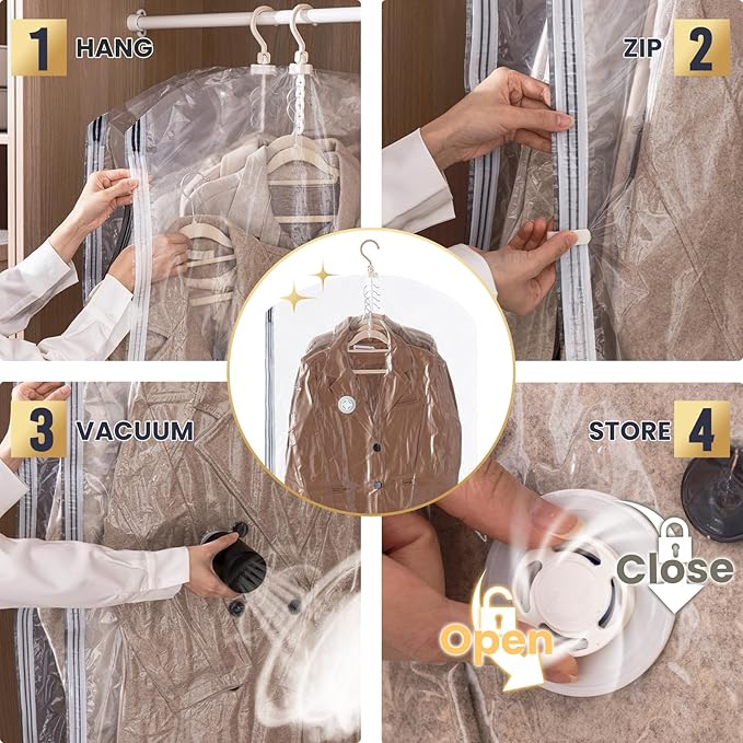 TAILI Hanging Vacuum Storage Bags for Clothes,Space Saver 6 Combo with Pump | Vacuum Seal Bags for Clothing Travel, Winter Clothes Storage Closet Organizers, Garment, Coats, Suits and Jackets