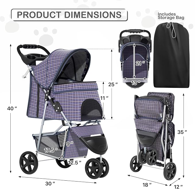 MoNiBloom Pet Stroller for Small/Medium Dogs and Cats up to 33 lbs, Plaid | Foldable Dog Stroller 3 Wheels Pet Strolling Cart w/ Storage Basket Cup Holder, Breathable and Visible Mesh for All-Season