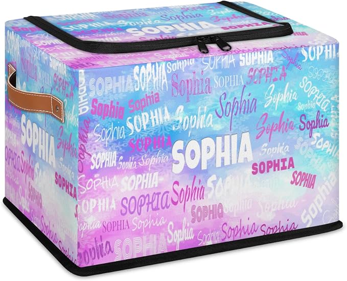 Custom Storage Baskets for Kids with Name, Large Foldable Organizer Collapsible Storage Bin with Zipper Lid Leather Handle for Home Toys Closet Nursery, Blue with Pink Watercolor