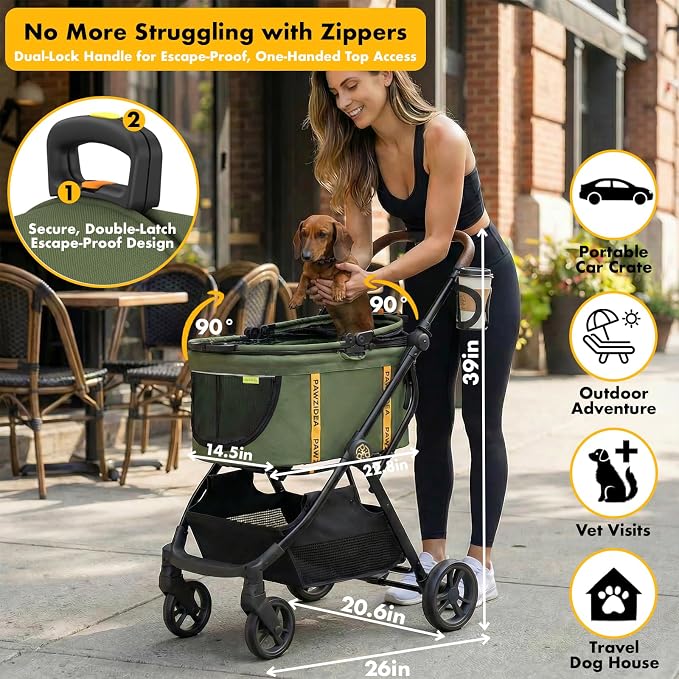 PAWZIDEA Pet Stroller 4-in-1, Foldable Cat Stroller with Detachable Carrier | Escape-Proof No-Zip Canopy, Portable Travel Crate & Car Seat Combo, for Small to Medium Dogs & Cats up 33 lbs, Storage Basket