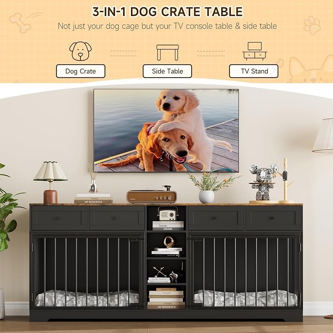 GarveeHome 82" Double Dog Crate Furniture with Drawers and Shelves, Black | Heavy Duty Wooden Dog Crate TV Stand, Large Dog Kennel Indoor for 2 Medium/Large Dogs