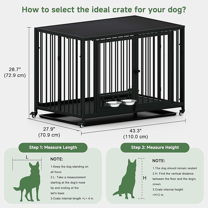 43.3" Heavy Duty Large Dog Crate with Wheels & Feeding Bowls, 3 in 1 Foldable Extra Large Dog Kennel & Playpen, Indestructible Escape-Proof Metal Dog Cage for Large Dogs, Indoor Outdoor, Black