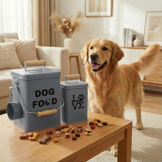 Dog Food Storage Container Set of 2 Dog Treat Container with Airtight Lids Dog Treat Jar with Scoop Metal Dog Food Holder with Wooden Handles for Kitchen Counter and Pantry Home Decor - Grey