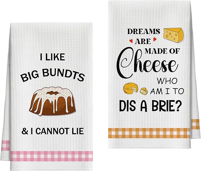 Kitchen Towels Set of 2, Cheese and Bundts Dish Towel for Kitchen, Decorative Hand Towels for Bathroom, Fast Drying Tea Towel with Funny Sayings, Housewarming Xmas Gifts for Women Mom -B18