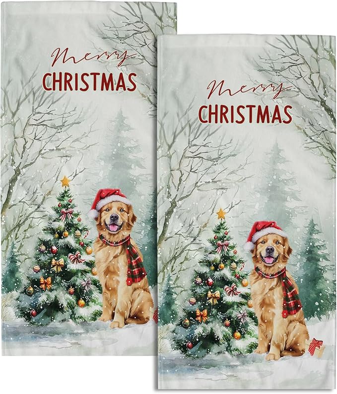 Giwawa Winter Dog Hand Towels Xmas Tree Fingertip Face Towel Set of 2 Soft Absorbent Holiday Kitchen Tea Dish Towels for Bathroom Home Gym Decor