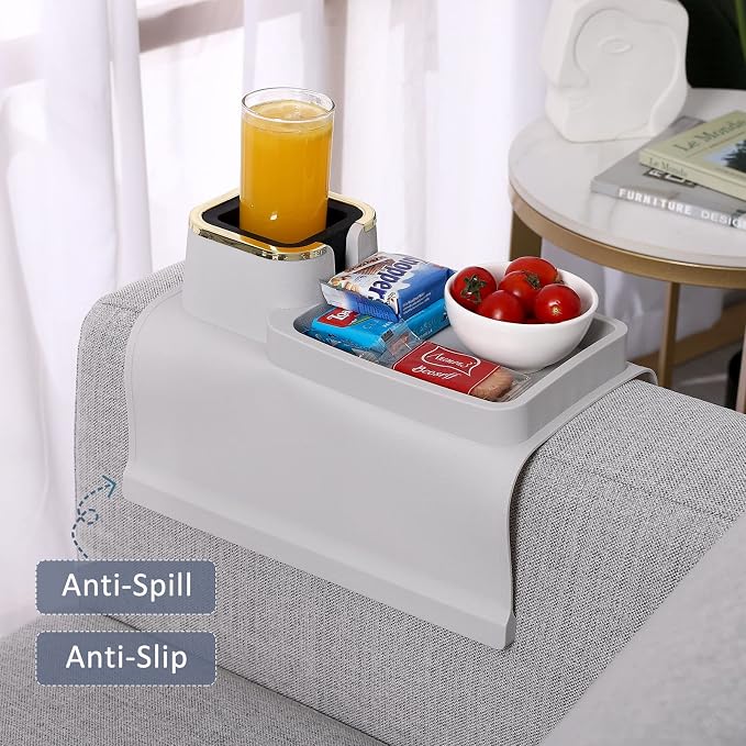 HMASYO Couch Cup Holder Tray – Weighted Silicone Sofa Armrest Organizer Table with Anti-Spill Coaster, Easy Reach for Drink, Snacks, Remote & Phone, Non-Slip Base, Easy Clean