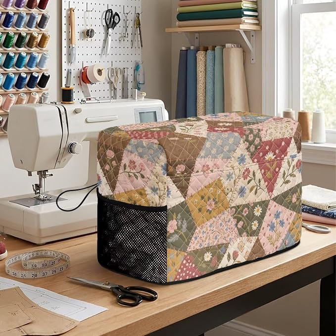 Sewing Machine Cover Polyester Febric Triangle Cottage Floral | Dust Pet Hair Protection,Quilting Design,Fits Standard Singer,Brother Janome Machines,Protecting Decorating Your Sewing Space