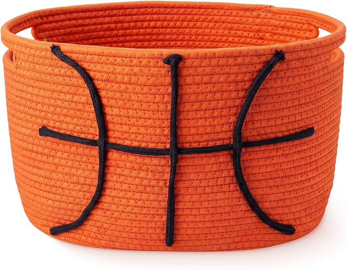RattanView Basketball Cotton Rope Basket, Brown Woven Storage with White Stitch Pattern, 15 x 9 x 10 in, Empty Basketball Gift Organizer for Books, Room and Sports Decor