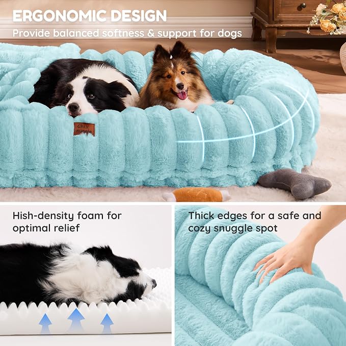 ChiXnuggle Orthopedic Human Dog Bed,Striped Faux Fur Washable Cover,Blanket | blue,72*40*10,giant dog bed for adult or extra large dogs,egg crate foam,non-slip bottom
