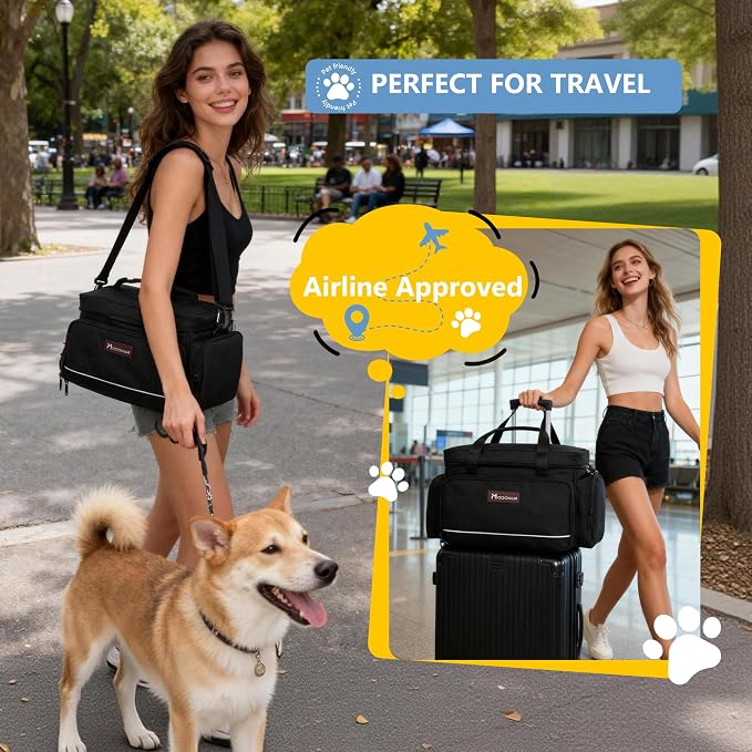 Modoker Large Dog Travel Bag Set with 2 Bowls and Food Bags, 17L Black | Large Pet Travel Organizer with 2 Food Containers, 2 Collapsible Bowls, Feeding Mat, Multiple Pockets and Adjustable Flap