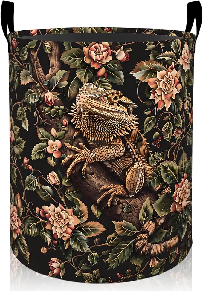 Bearded Dragon Laundry Basket, Vintage Floral Foldable Oxford Cloth, Waterproof Dirty Clothes Hamper with Handles, Clothing Storage Bin Toy Organizer for Bedroom Dorm Bathroom, 19.7"x15.7"